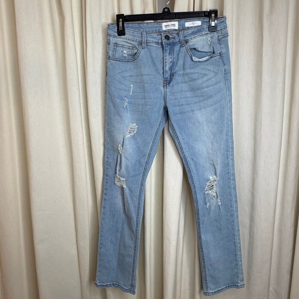 Ring of Fire Slim Fit Distressed Jeans Size 16 Light Wash Stretch Denim